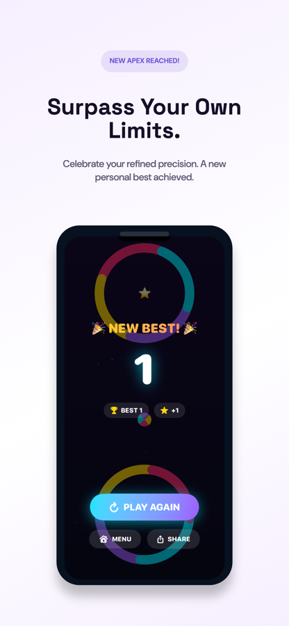 Neon Leap game over screen with a new best score